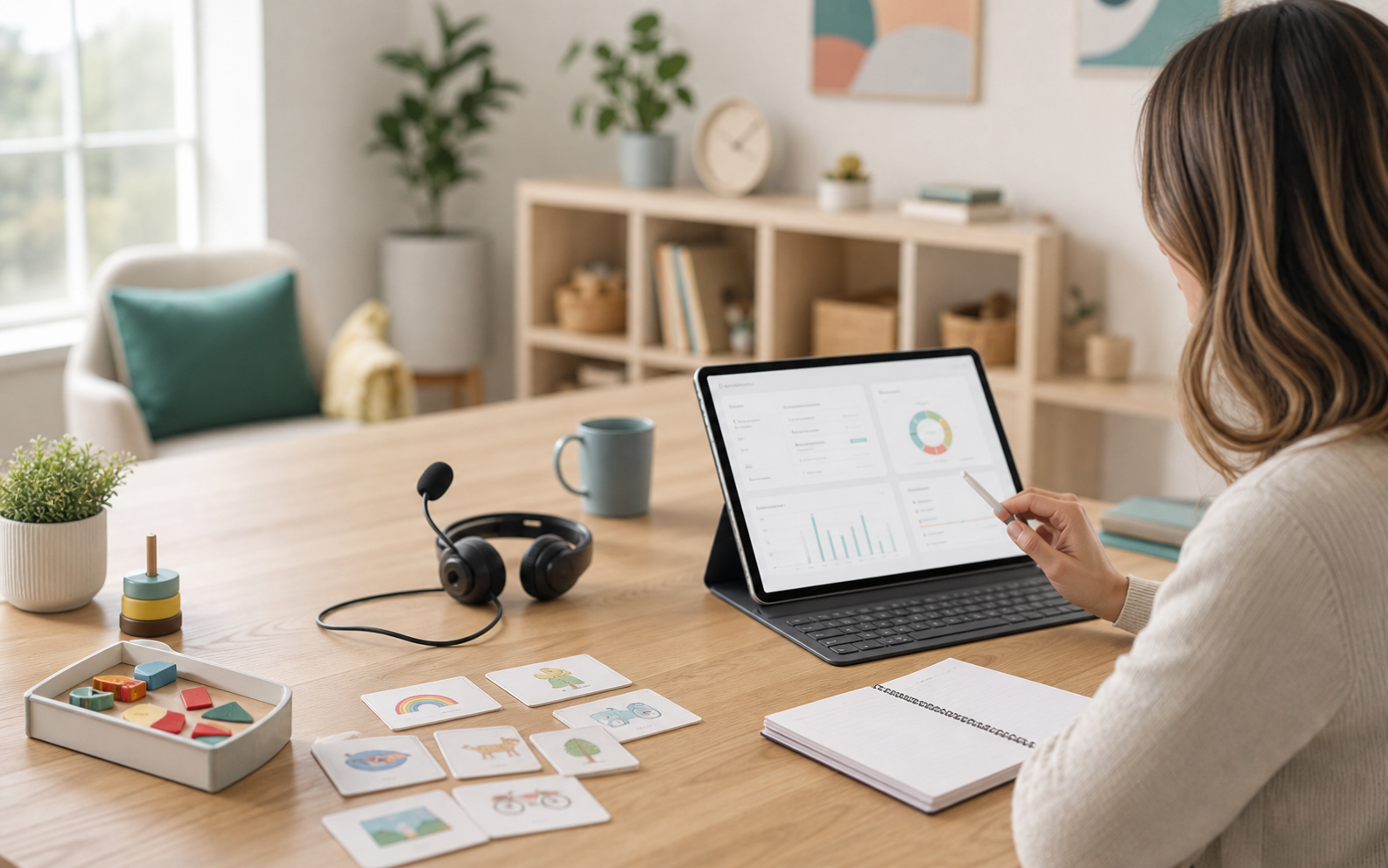 Modern speech therapy workspace with clinical materials, audio tools, and a tablet dashboard.