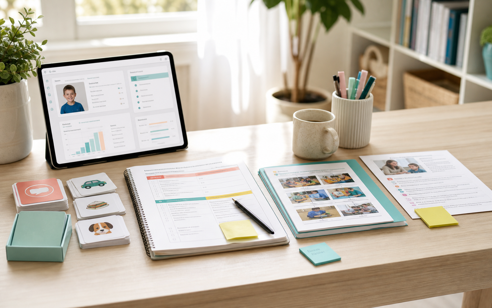 Organized speech therapy planning table showing materials, session notes, and device workflow.